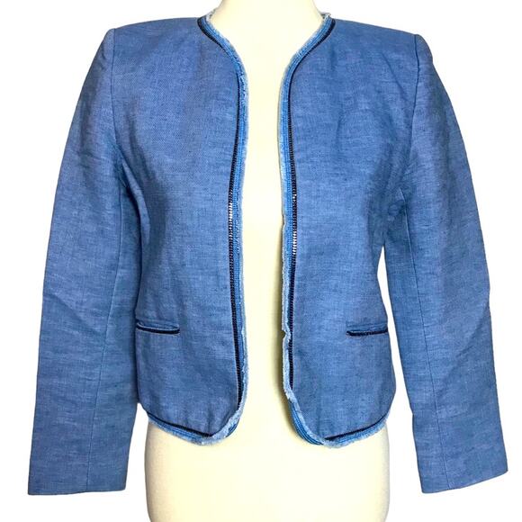 Sandro Chambray Open Front Raw Edge Blue Linen Cotton Blazer Coat Jacket Size 36 - Picture 1 of 11